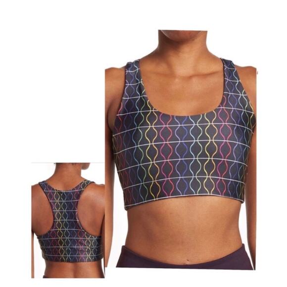 Terez Hi-Shine Wireless Sports Bra 2550 in Black Rainbow Sound Waves racerback - Picture 1 of 4